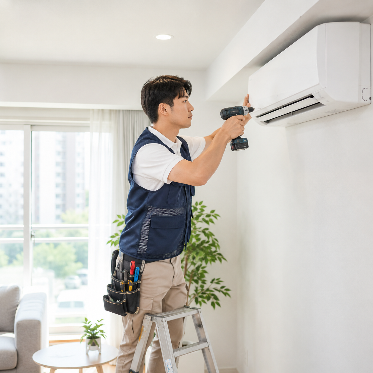 에어컨 설치 현장 - 전문 기사가 벽걸이 에어컨을 설치하는 모습